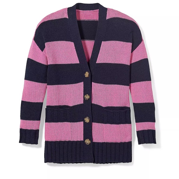 NWT Loft Striped Relaxed V-Neck Pocket Cardigan Sz Small Pink Navy Striped 🆕🌞 - Picture 3 of 6